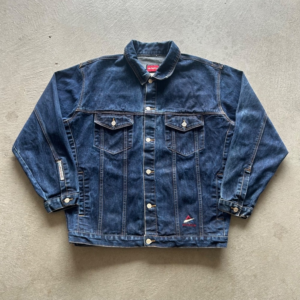 Vintage 90s Avirex Denim Jacket Size XL Blue Medium Wash Denim Trucker Logo
